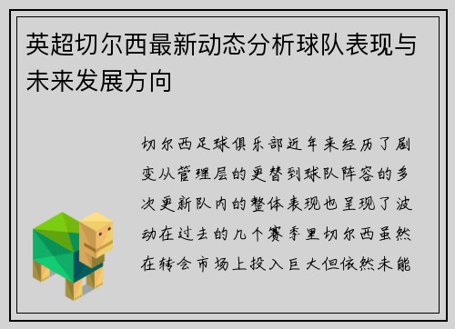 英超切尔西最新动态分析球队表现与未来发展方向 英超切尔西最新动态分析球队表现与未来发展方向